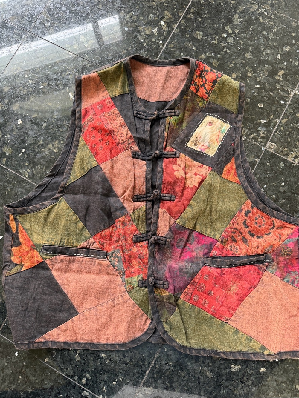 Patchwork Tie-Front Boho Vest in Red, Olive & Black